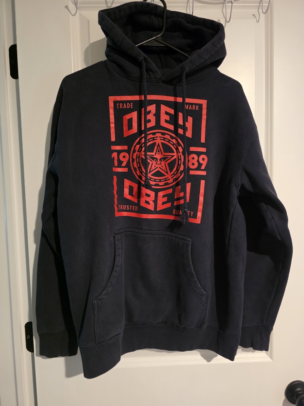 Obey Navy Pullover Hoodie with Red Front Graphic